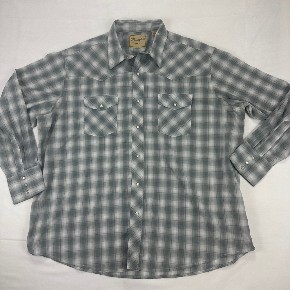 Wrangler Western Shirt Gray‎ Plaid Pearl Snap Long Sleeve Cowboy 2XL